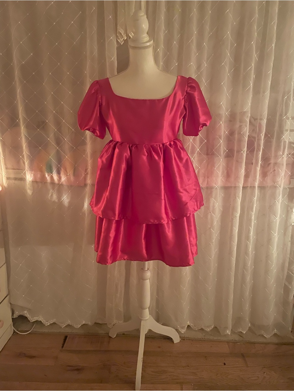 Handmade Satin Tiered Puff Sleeve Formal Dress in Bright Pink